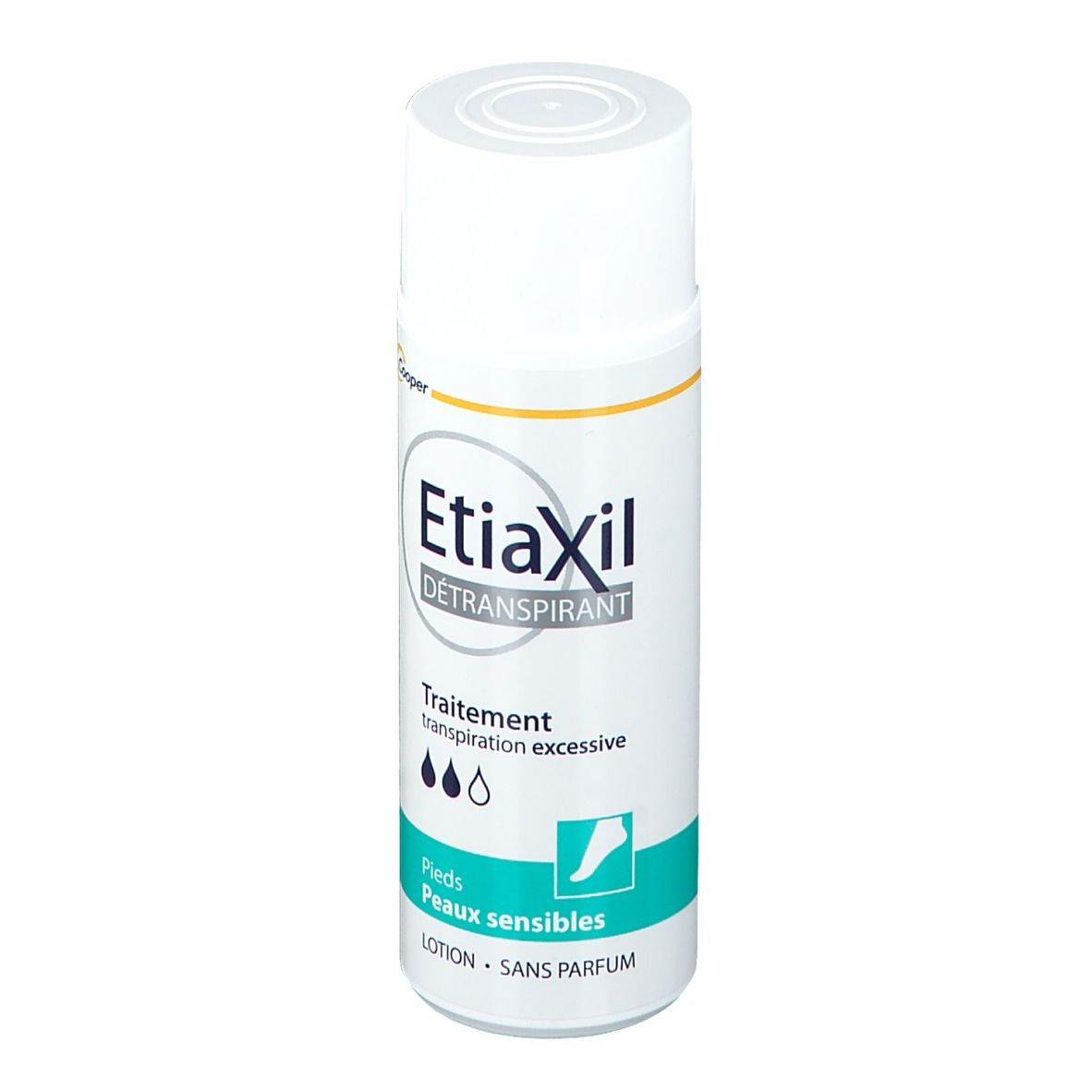 Flacon blanc Etiaxil. Détails: Traitement transpiration excessive. Logo et nom du produit.