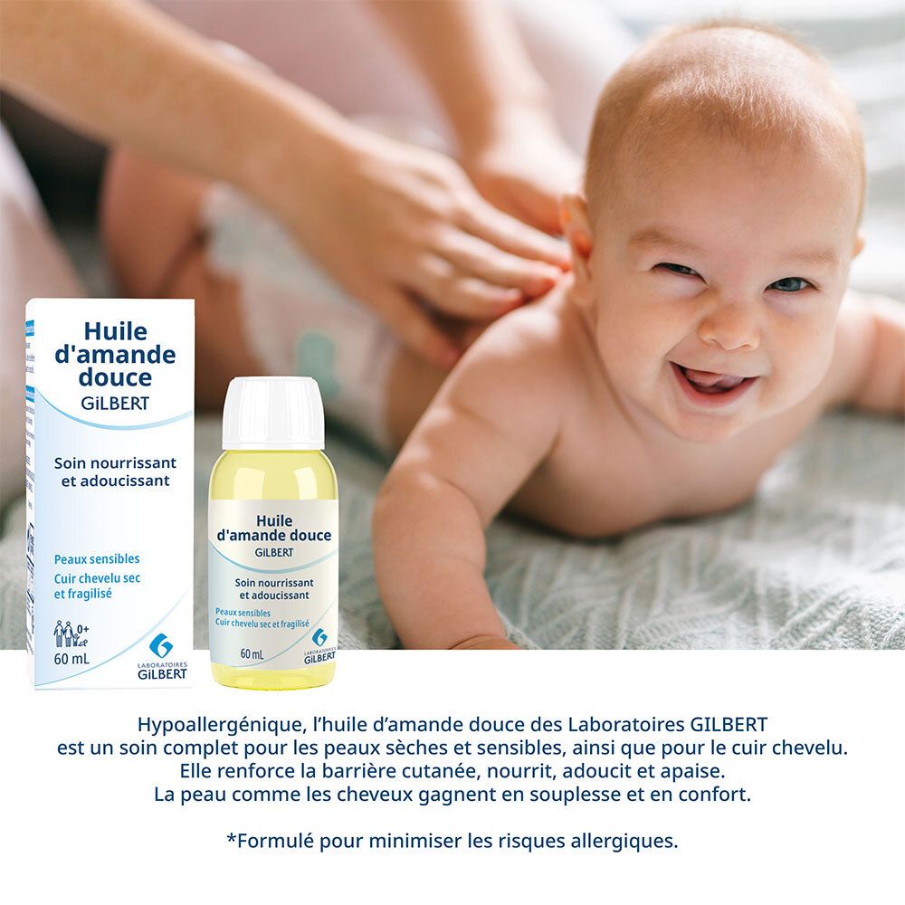 Baby wird von einer Person massiert. Daneben: Flasche und Schachtel Mandelöl Gilbert. Text in französischer Sprache.