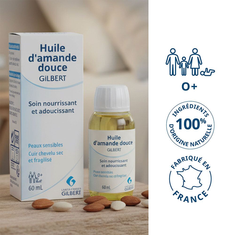 Flasche und Schachtel Mandelöl Gilbert. Text: Huile d'amande douce. 100% natürliche Inhaltsstoffe. Hergestellt in Frankreich.