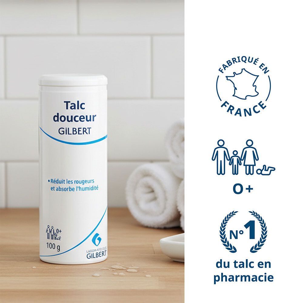 Flacon blanc de talc GILBERT. Inscription: Talc douceur. 100 g. Fabriqué en France. Symbole famille et bébé.
