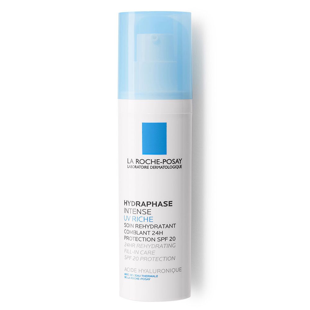 Weiß-blaue Flasche mit Aufschrift LA ROCHE-POSAY. Produktname: HYDRAPHASE INTENSE UV RICHE. Mit SPF 20.