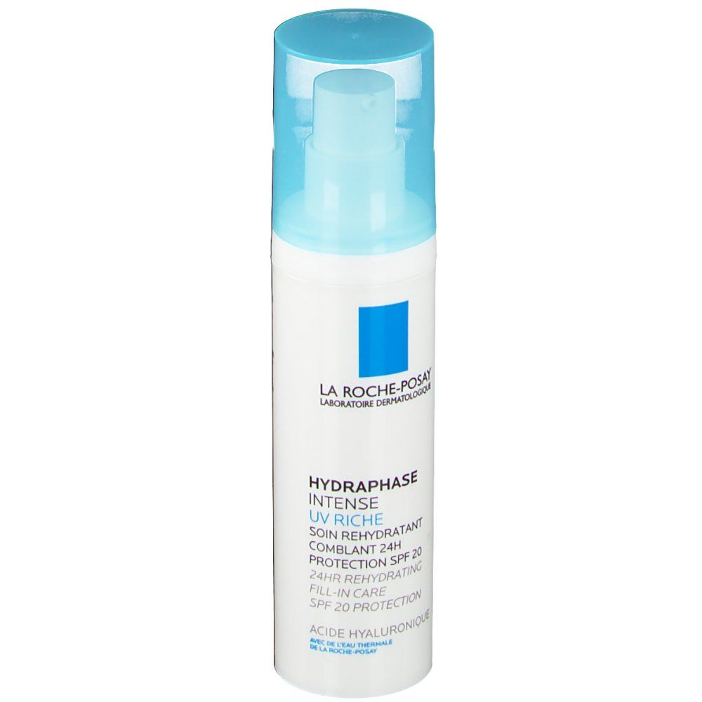 Weiß-blaue Flasche mit Aufschrift LA ROCHE-POSAY. Produktname: HYDRAPHASE INTENSE UV RICHE. Mit SPF 20.