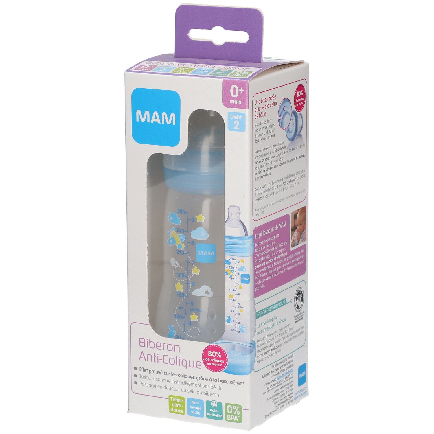 MAM Biberon anti-colique 260 ml de 0 à 6 mois motif Bleu