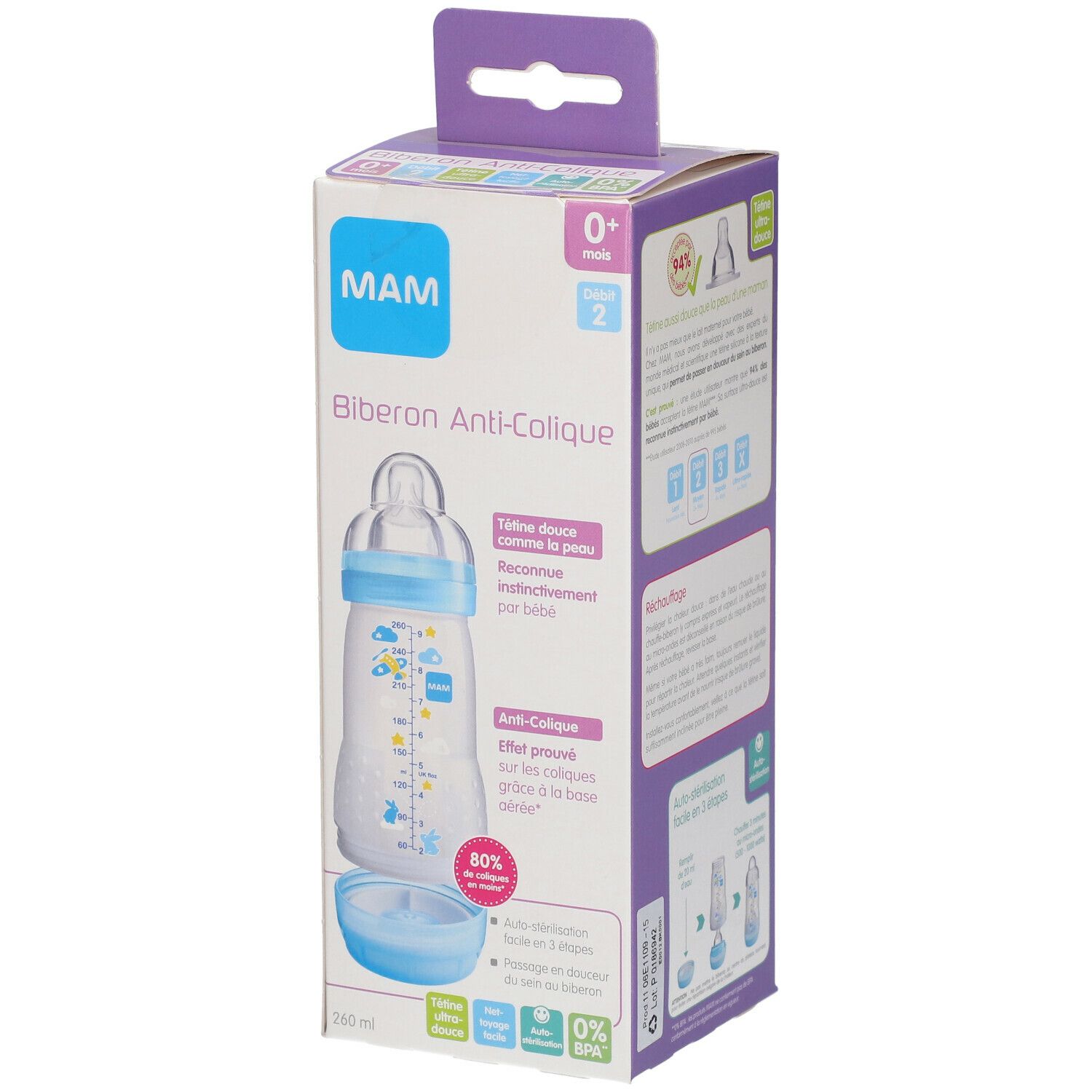 MAM Biberon anti-colique 260 ml de 0 à 6 mois motif Bleu