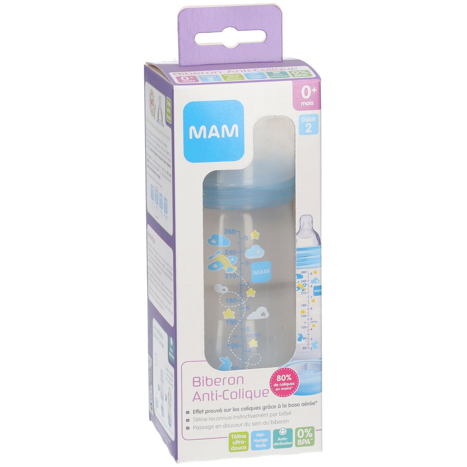 MAM Biberon anti-colique 260 ml de 0 à 6 mois motif Bleu