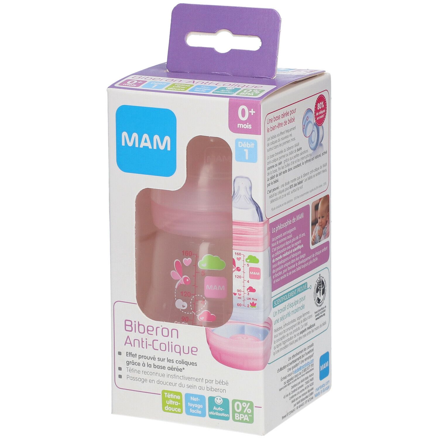 MAM Biberon anti-colique 160 ml de 0 à 6 mois motif Rose