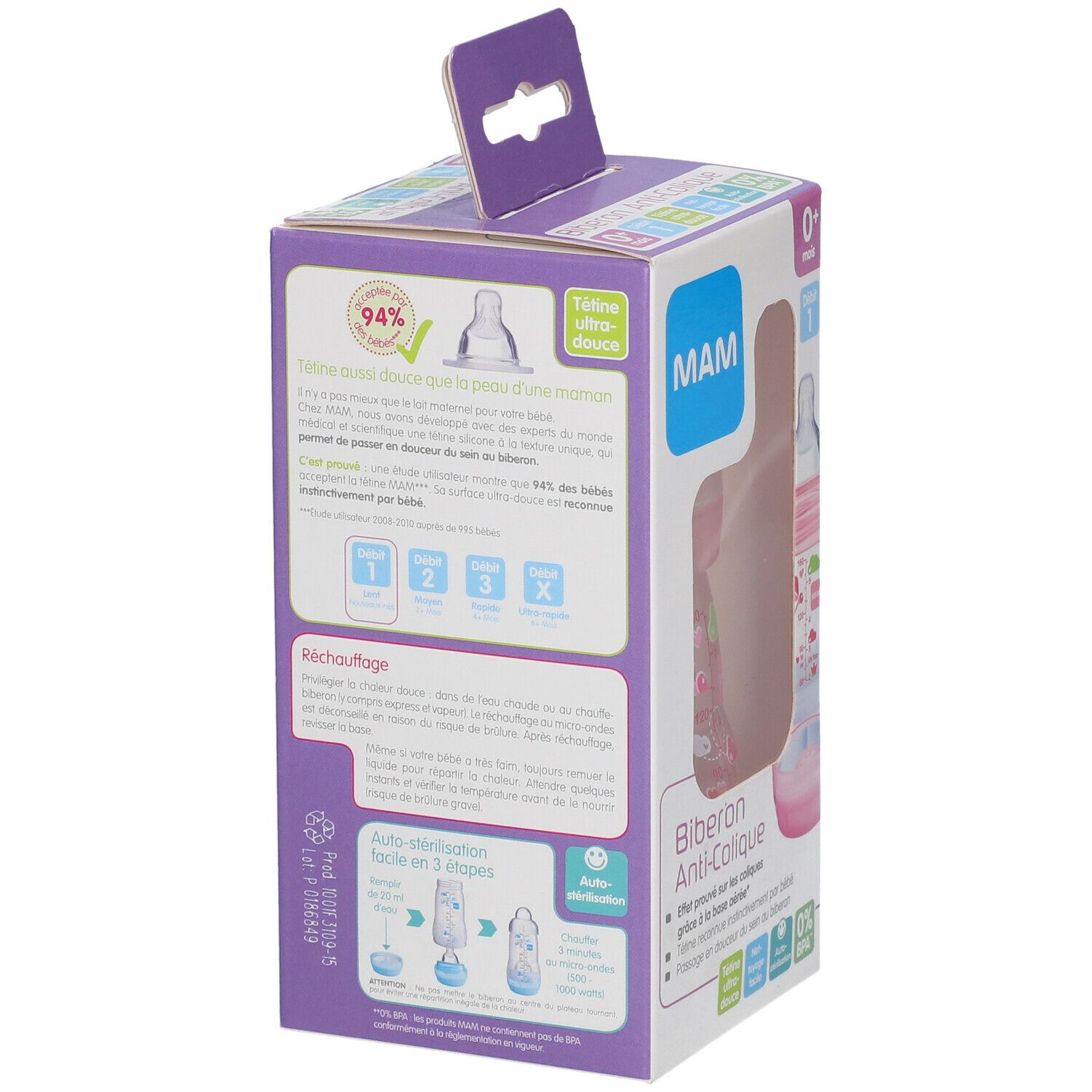 MAM Biberon anti-colique 160 ml de 0 à 6 mois motif Rose