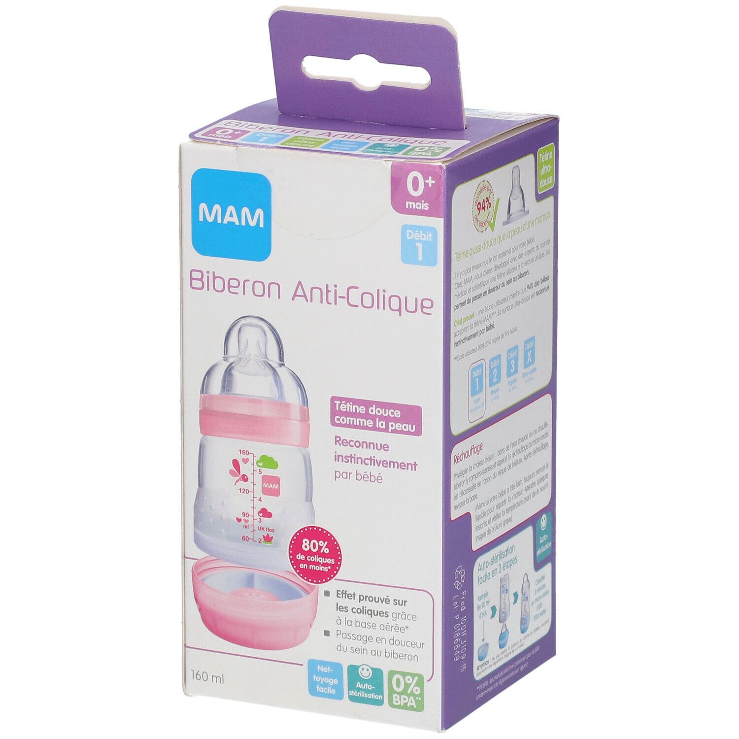 MAM Biberon anti-colique 160 ml de 0 à 6 mois motif Rose