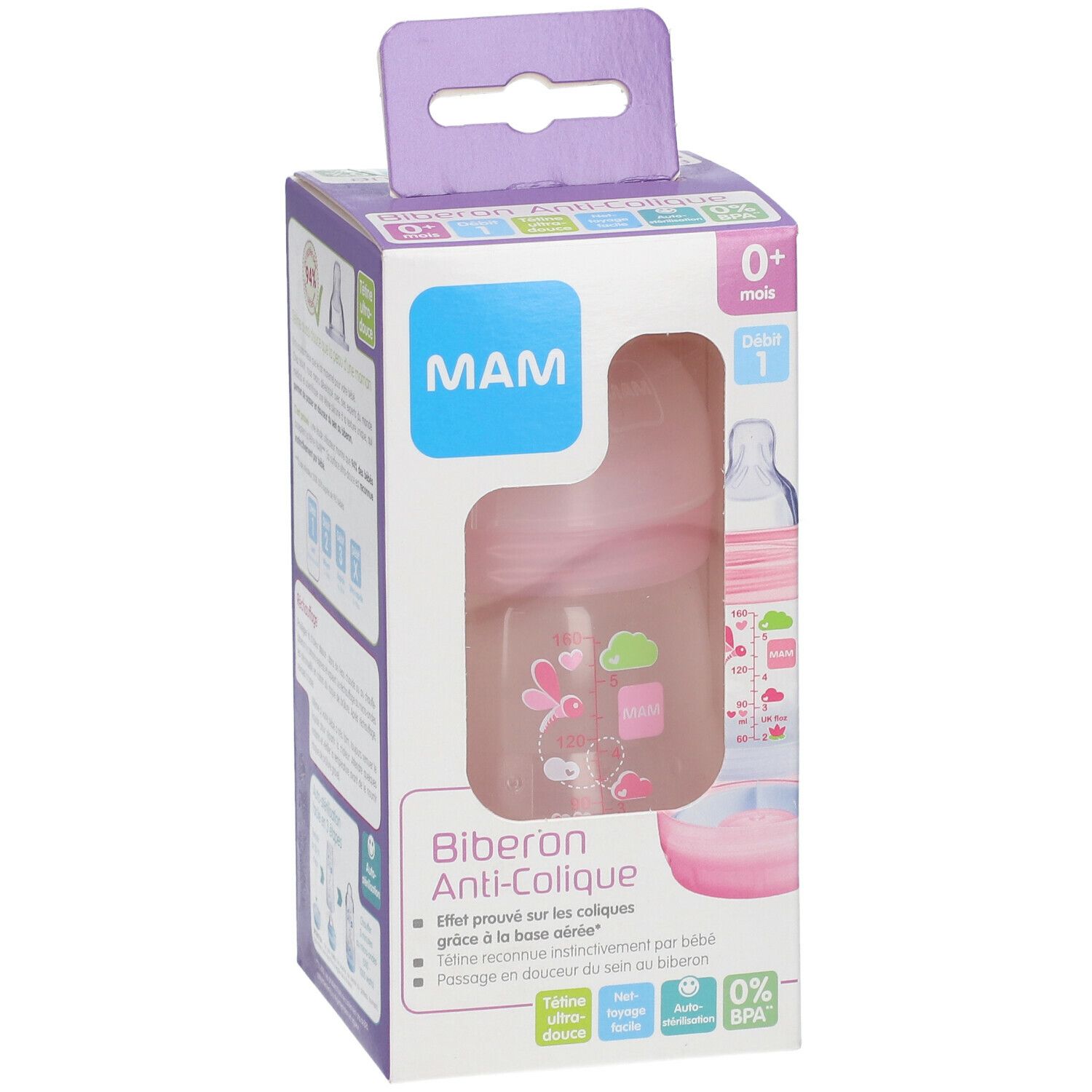 MAM Biberon anti-colique 160 ml de 0 à 6 mois motif Rose