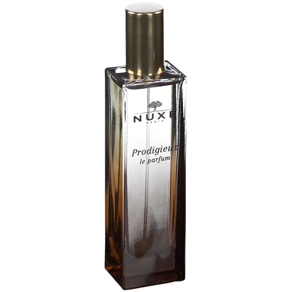 Parfümflakon mit goldfarbenem Verschluss. Aufschrift: NUXE, Prodigieux le parfum.