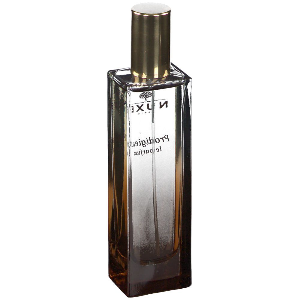 Parfümflakon mit goldfarbenem Verschluss. Aufschrift: NUXE, Prodigieux le parfum.