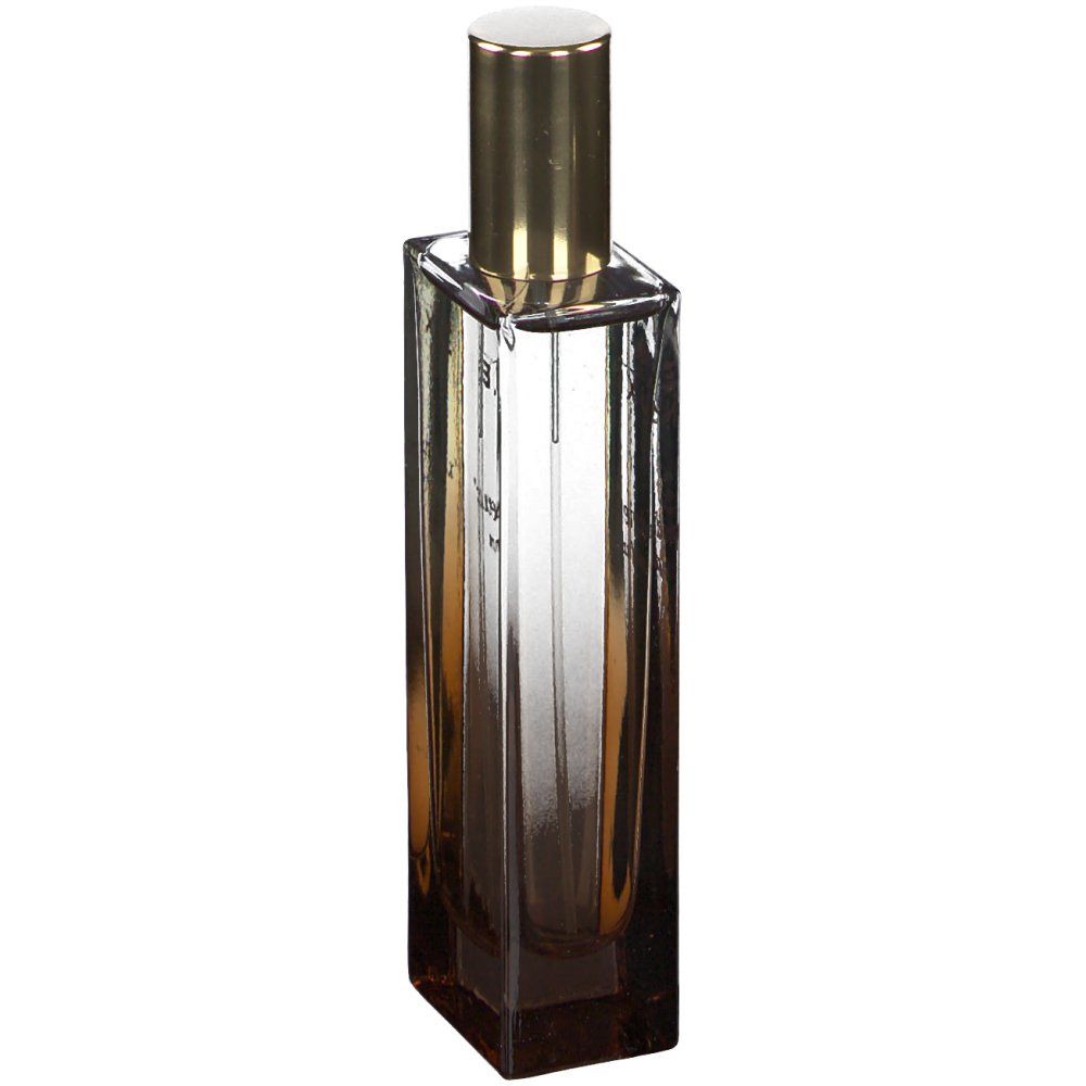 Hoher, rechteckiger Parfümflakon mit goldfarbenem Verschluss.