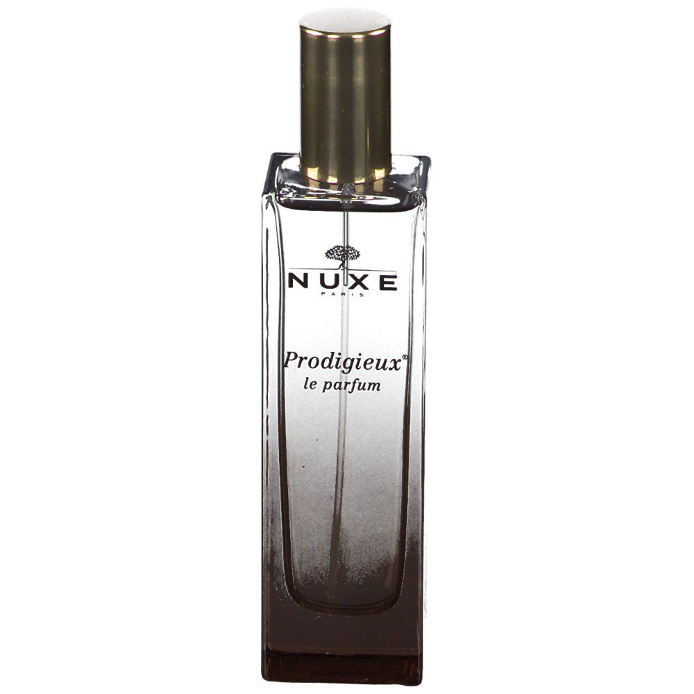 Parfümflakon mit goldfarbenem Verschluss. Aufschrift: NUXE, Prodigieux le parfum.