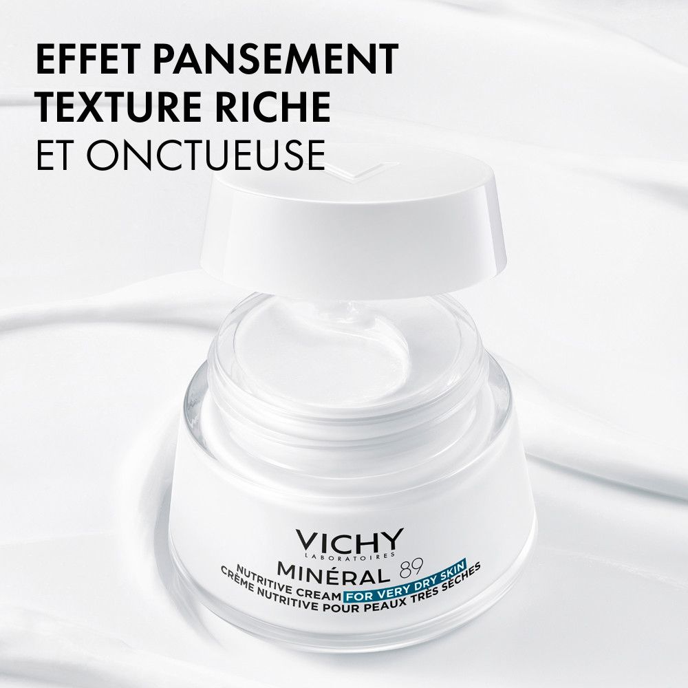 Creme-Dose mit geöffnetem Deckel. Reichhaltige und fettige Textur. Vichy Mineral 89.