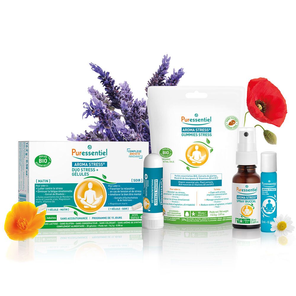 Verschiedene Produkte: Aroma Stress Roller, Gummis Stress, Spray, und mehr. Mit Lavendel und Blumen.