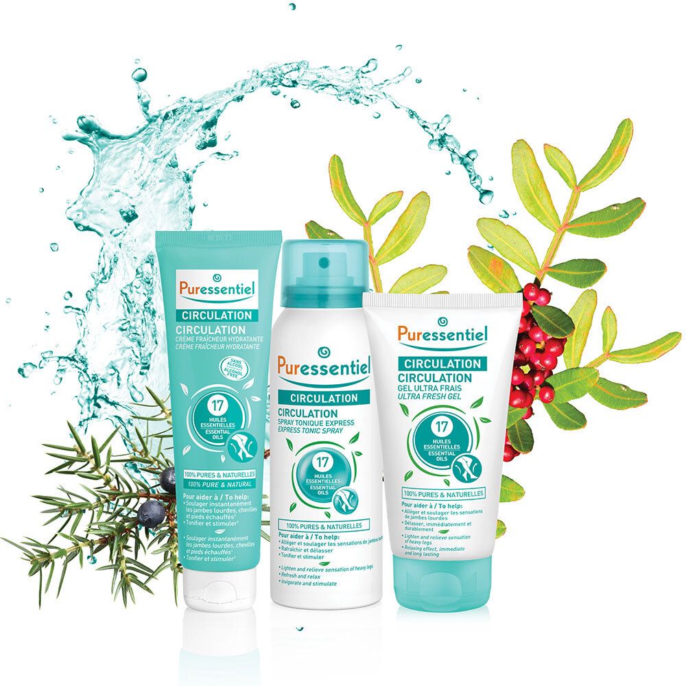 Trois produits: tube, spray et crème. Inscription: Puressentiel Circulation. 17 huiles essentielles.