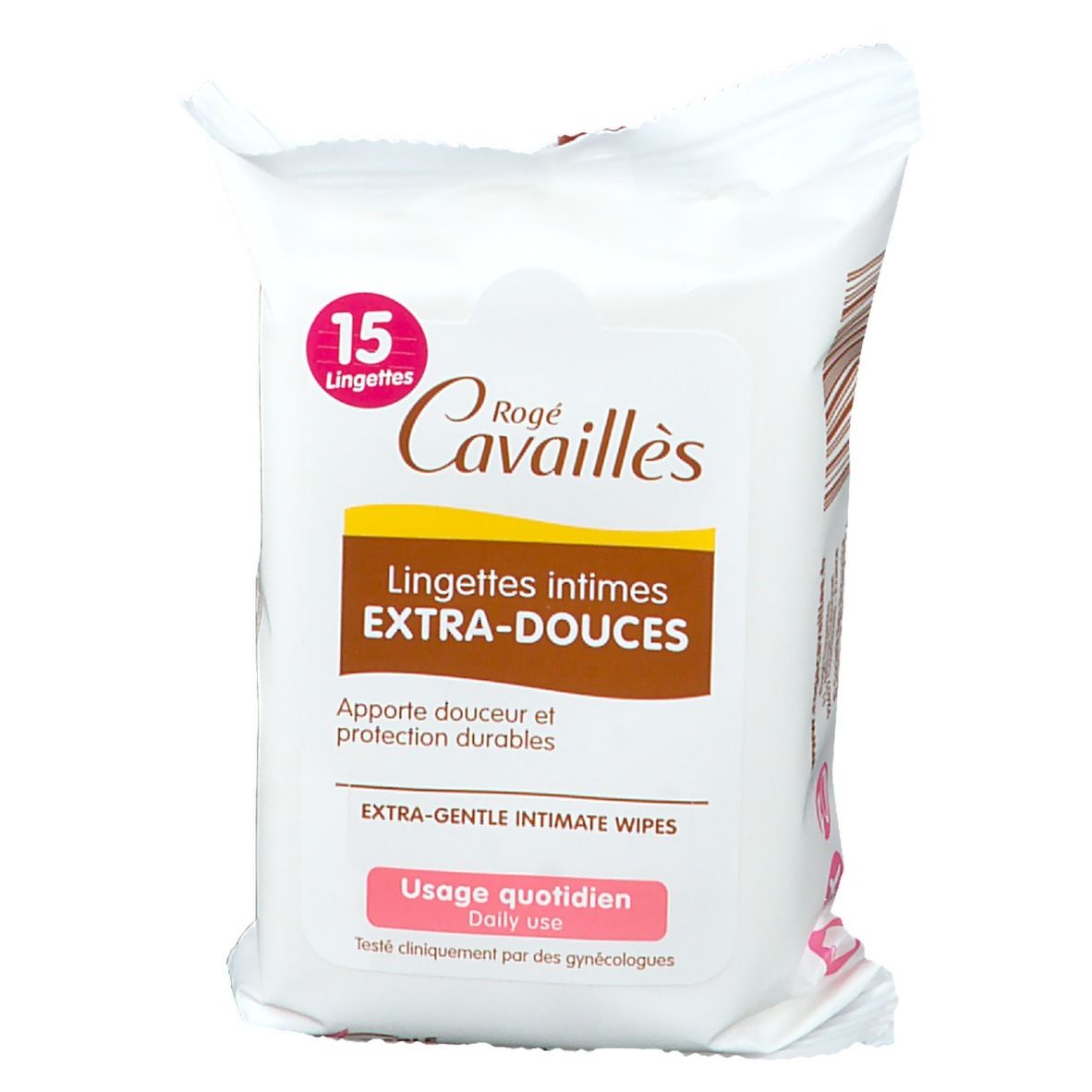 Paquet de lingettes intimes. Inscription: Rogé Cavaillès, Lingettes intimes Extra-Douces. 15 lingettes. Encadré rose: Usage quotidien, Daily use.