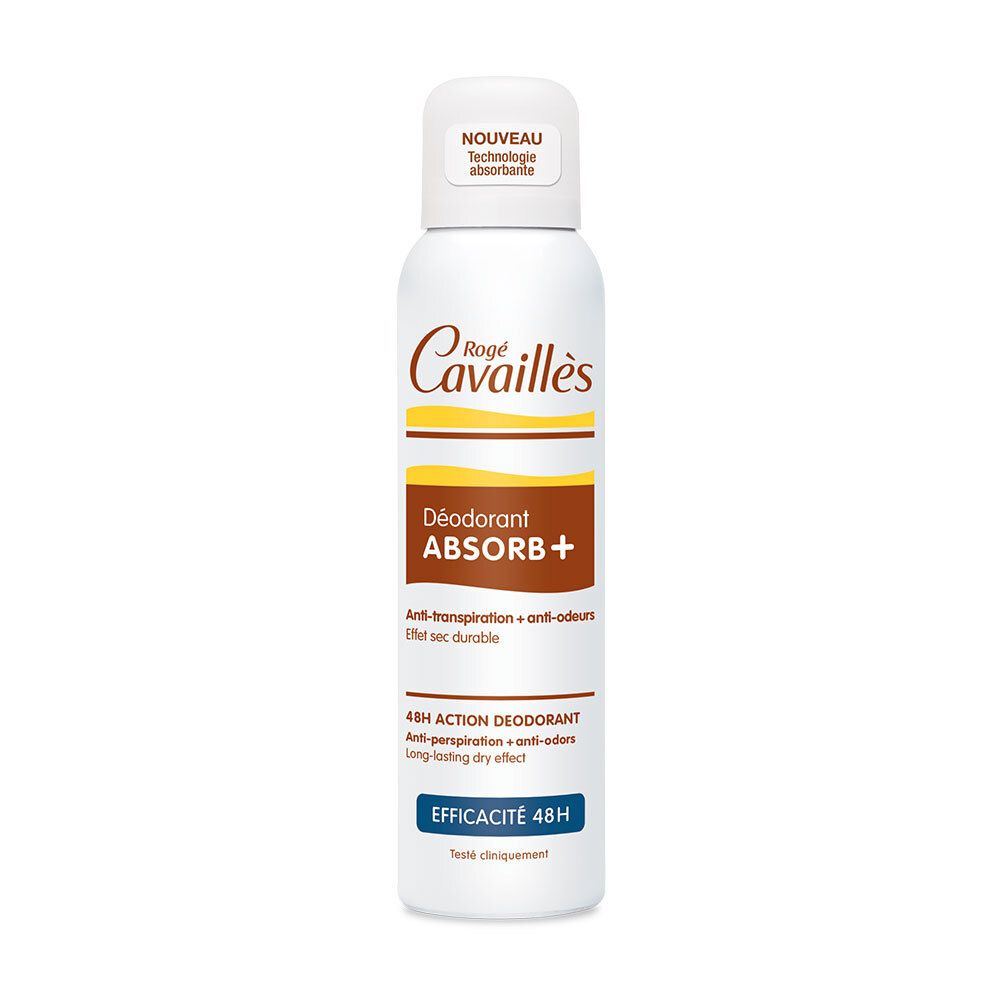 Rogé Cavaillès Deodorant ABSORB+ Spray mit 48h Wirkung. Weißer Aerosoldose mit braun-gelbem Etikett.