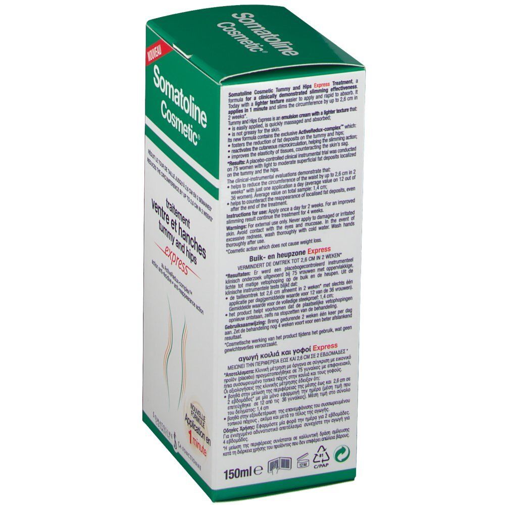 Boîte verte Somatoline Cosmetic. Traitement ventre et hanches express. Textes en plusieurs langues, dont français et néerlandais.