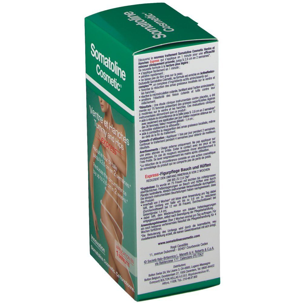 Boîte verte Somatoline Cosmetic. Traitement ventre et hanches express. Textes en plusieurs langues, dont français et néerlandais.