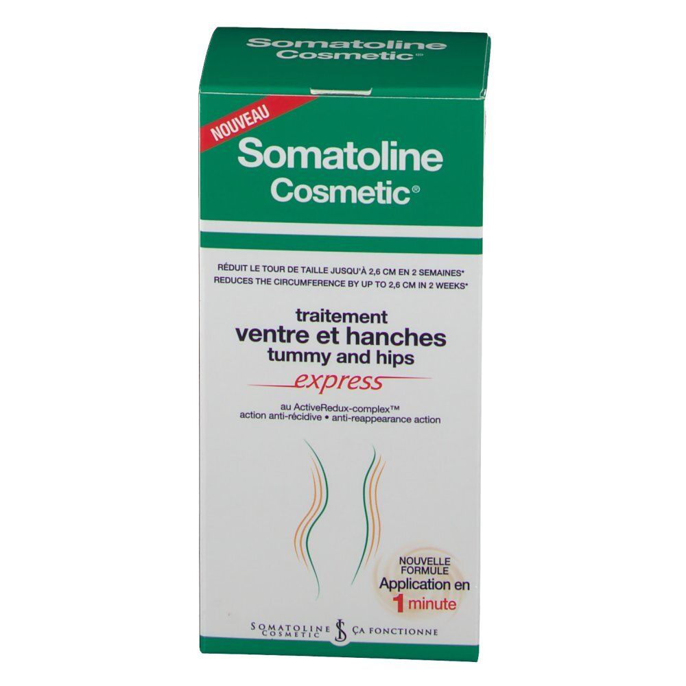 Boîte verte Somatoline Cosmetic. Traitement ventre et hanches express. Texte en français. Autocollant rouge: Nouveau.