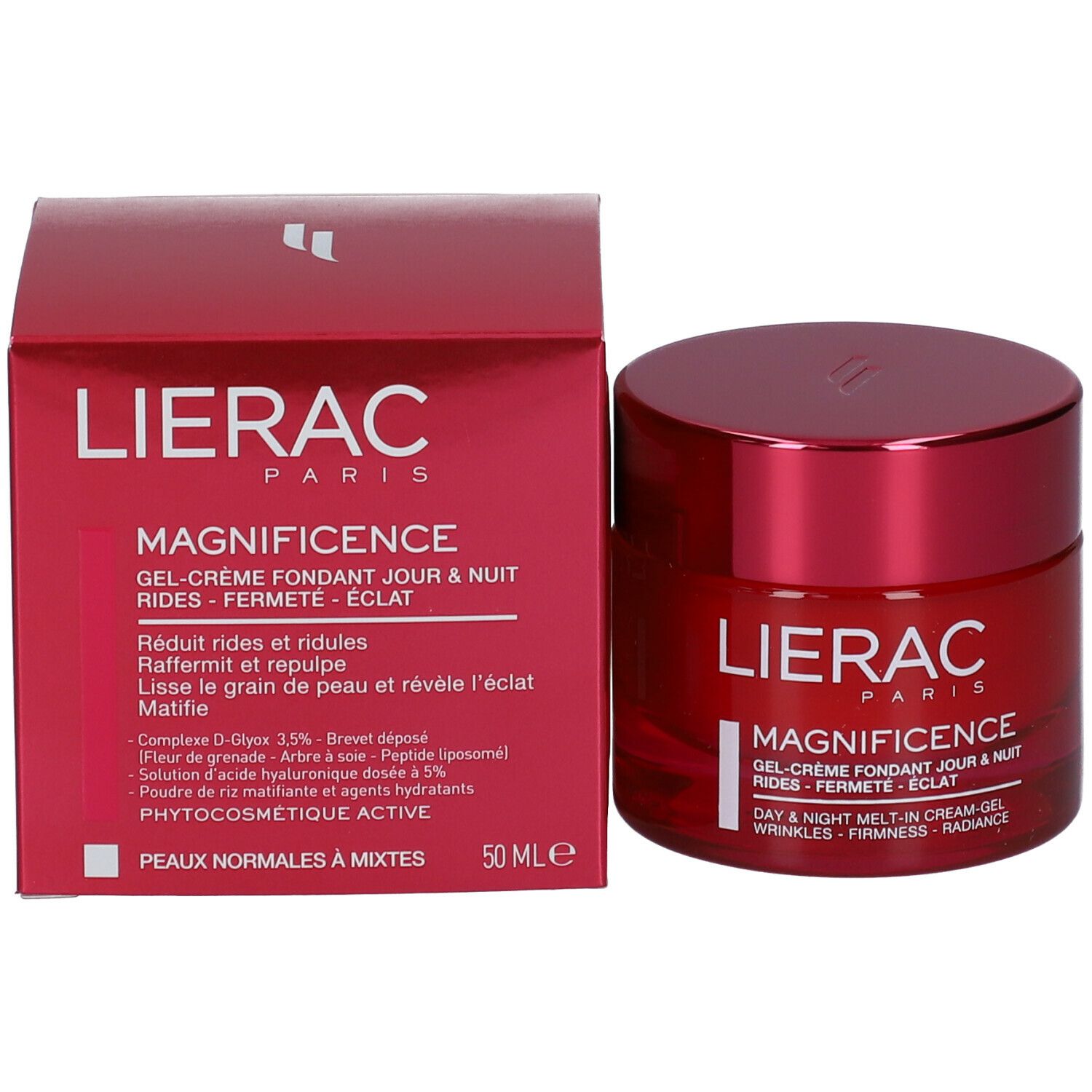 Pot rouge et boîte rouge. Inscription : Lierac, Magnificence. Texte en blanc. Nom du produit et marque visibles.