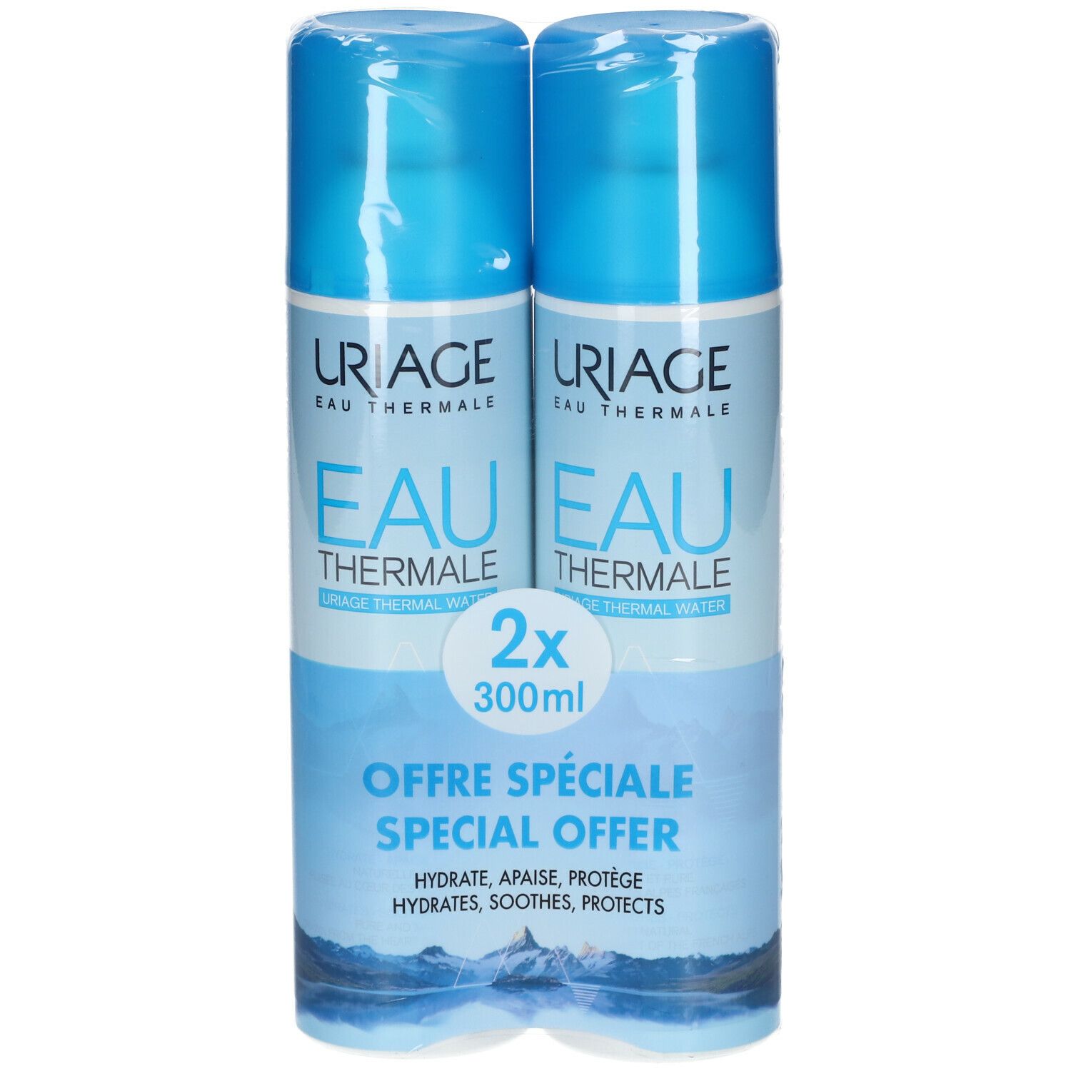 Deux sprays bleus "URIAGE EAU THERMALE". Inscription "OFFRE SPÉCIALE" et "2x 300ml".