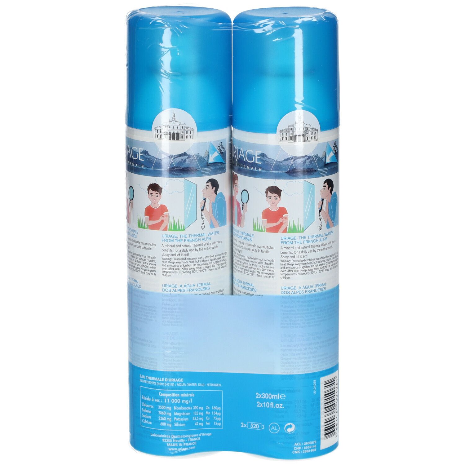 Deux sprays bleus "URIAGE EAU THERMALE" en emballage. Informations produit au dos.