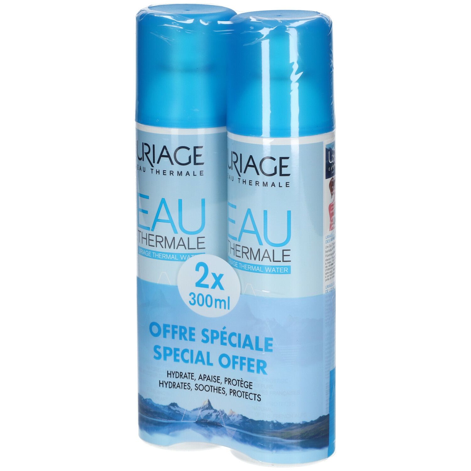 Deux sprays bleus "URIAGE EAU THERMALE" en emballage. "2x 300ml" et "OFFRE SPÉCIALE" visibles.