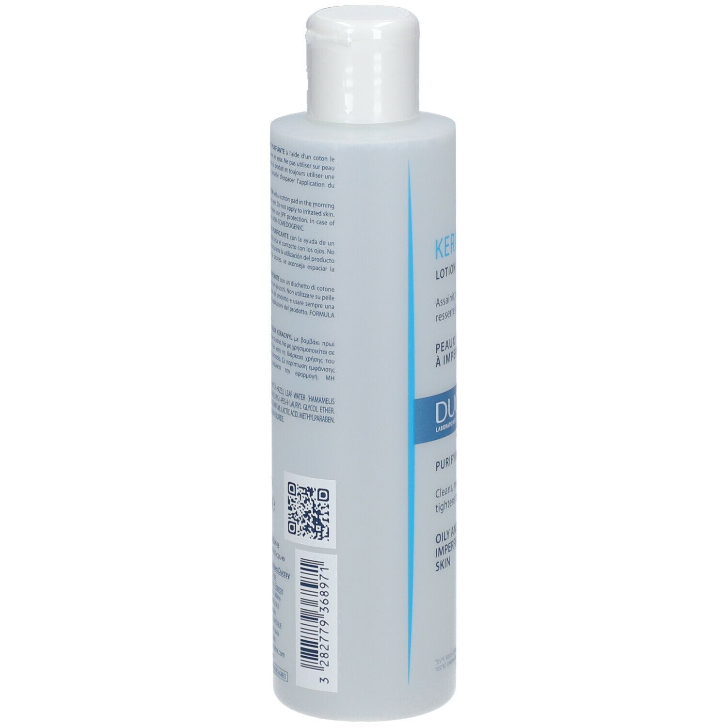 Dos de la lotion nettoyante Ducray KERACNYL. Contient des informations et un code-barres.