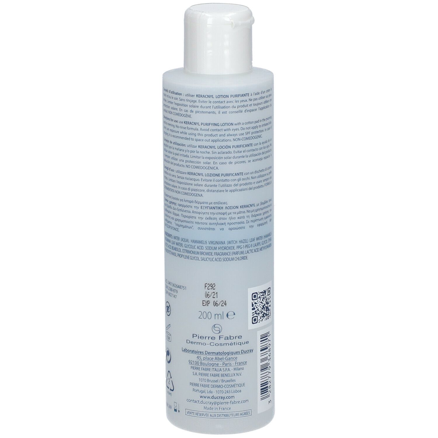 Dos de la lotion nettoyante Ducray KERACNYL. Contient des informations et un code-barres. 200 ml.