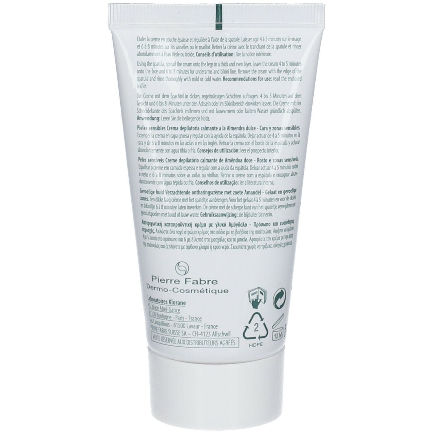 Dos du tube de crème dépilatoire KLORANE. Texte multilingue. Informations sur l'utilisation et les ingrédients.