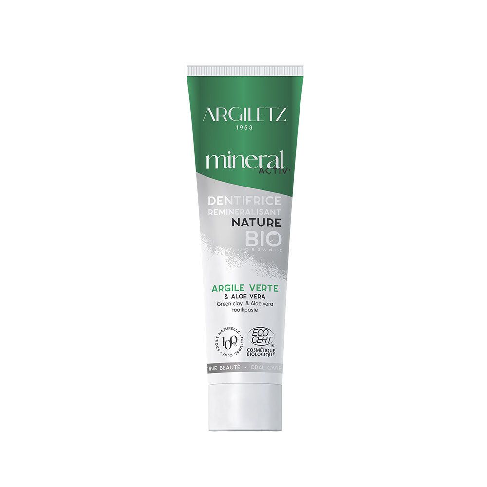 Zahncreme-Tube, grün-weiß. Aufschrift: ARGILTEZ, mineral activ, NATURE BIO, Argile Verte & Aloe Vera. Zertifizierung.