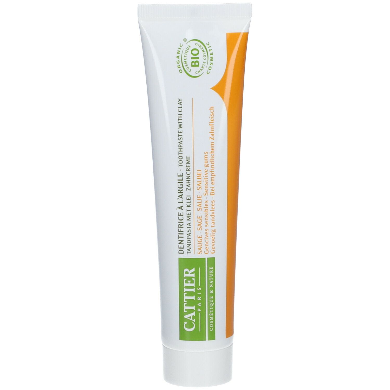 Zahncreme-Tube mit grünen und orangen Akzenten. Text: Cattier, Dentargyl, Zahnpasta mit Tonerde, Bio-Zertifizierung.