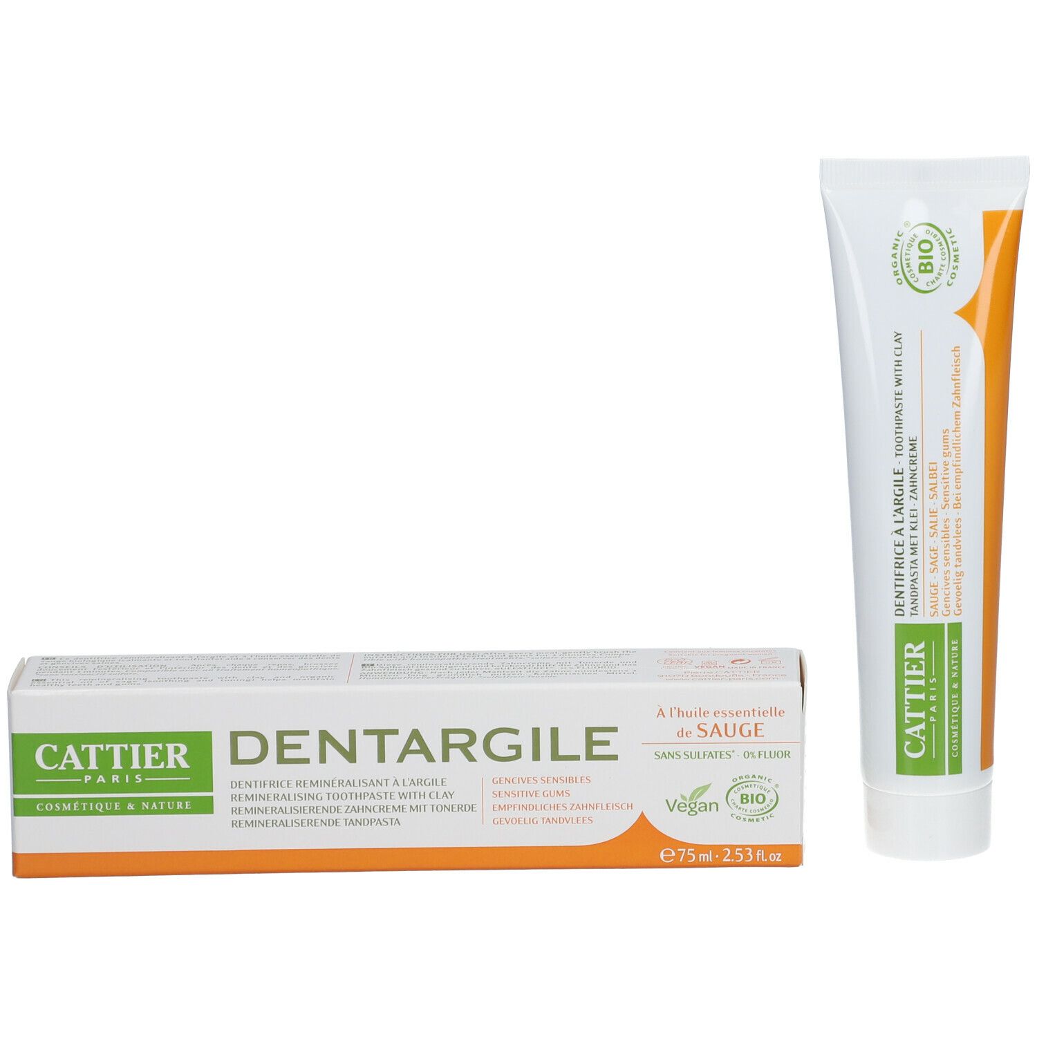 Zahncreme-Tube und Schachtel. Schachtel: Cattier, Dentargyl, 75ml, Vegan, Bio. Tube: Dentargyl, Zahnpasta mit Tonerde, Bio.