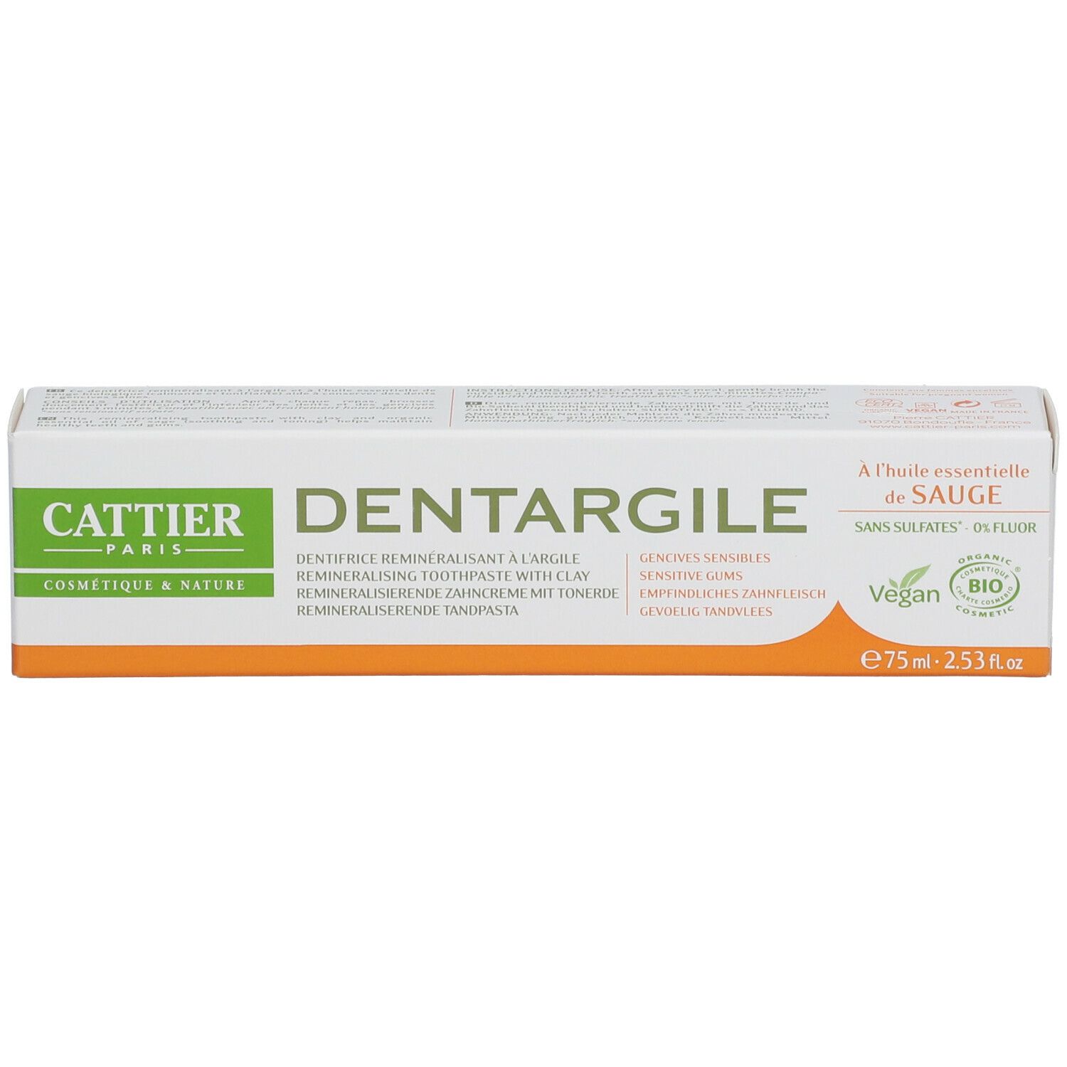 Schachtel mit Text: Cattier, Dentargyl, 75ml, Vegan, Bio. Aufschrift: Dentifrice reminéralisant à l'argile.