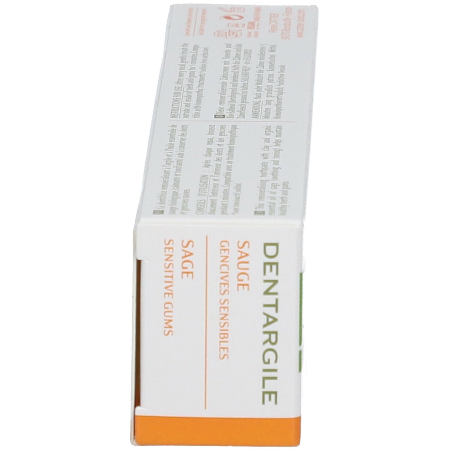 Schachtel, Seitenansicht. Text: Dentargyl, Salbei, empfindliches Zahnfleisch. Orangefarbene und grüne Akzente.