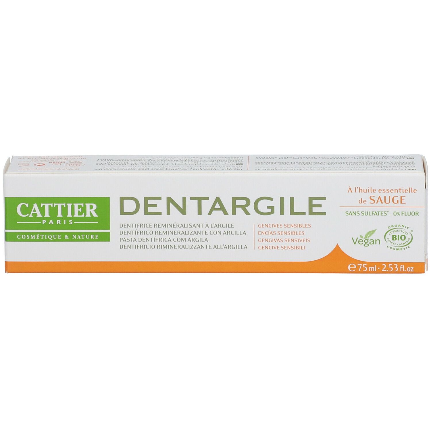 Schachtel mit Text: Cattier, Dentargyl, 75ml, Vegan, Bio. Aufschrift: Dentifrice reminéralisant à l'argile.