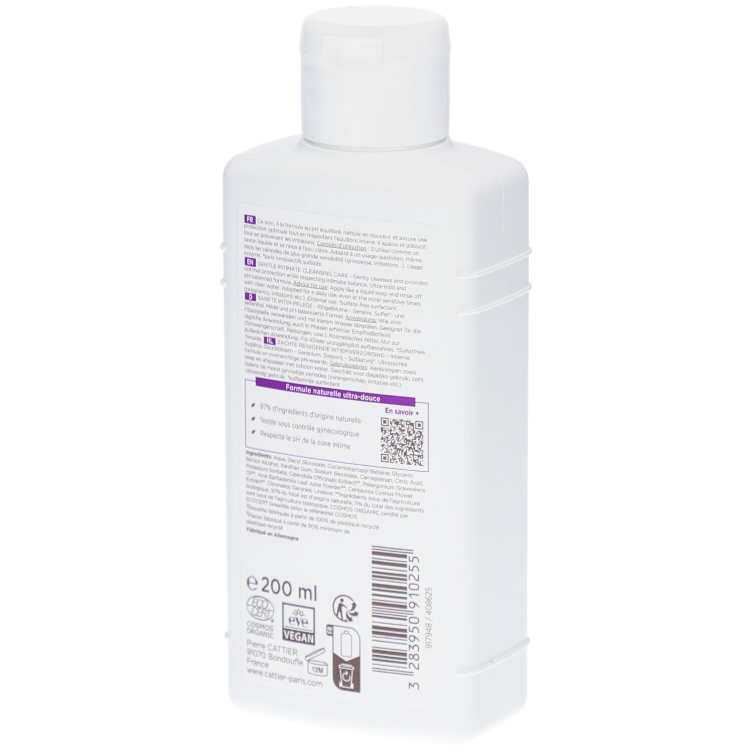 Weißes Fläschchen, Rückseite mit Text und QR-Code. Aufschrift: 200 ml, Vegan, Bio. Herstellerinformationen.