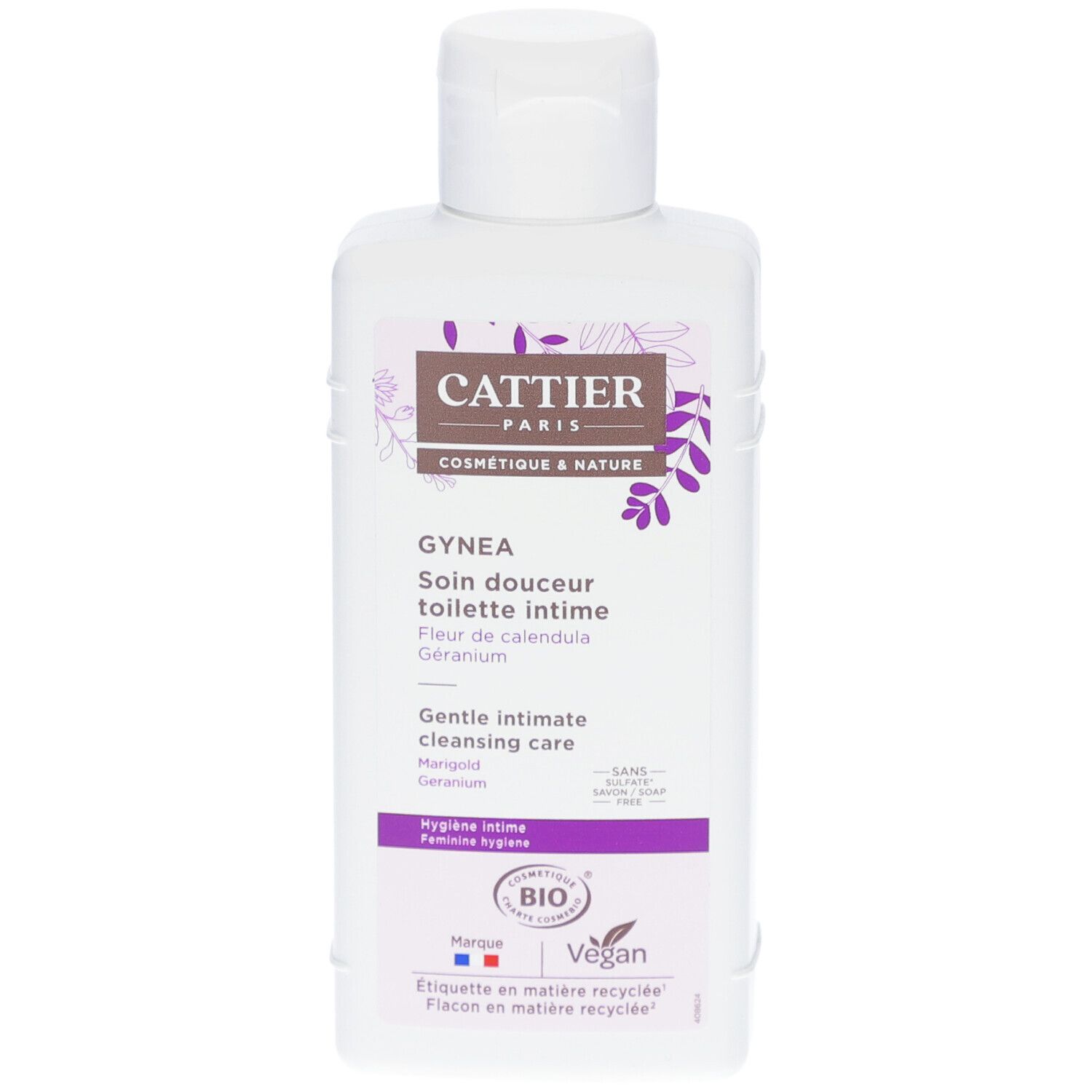 Weißes Fläschchen mit Klappverschluss. Aufschrift: Cattier, Gynéa, Soin douceur toilette intime. Bio, Vegan.