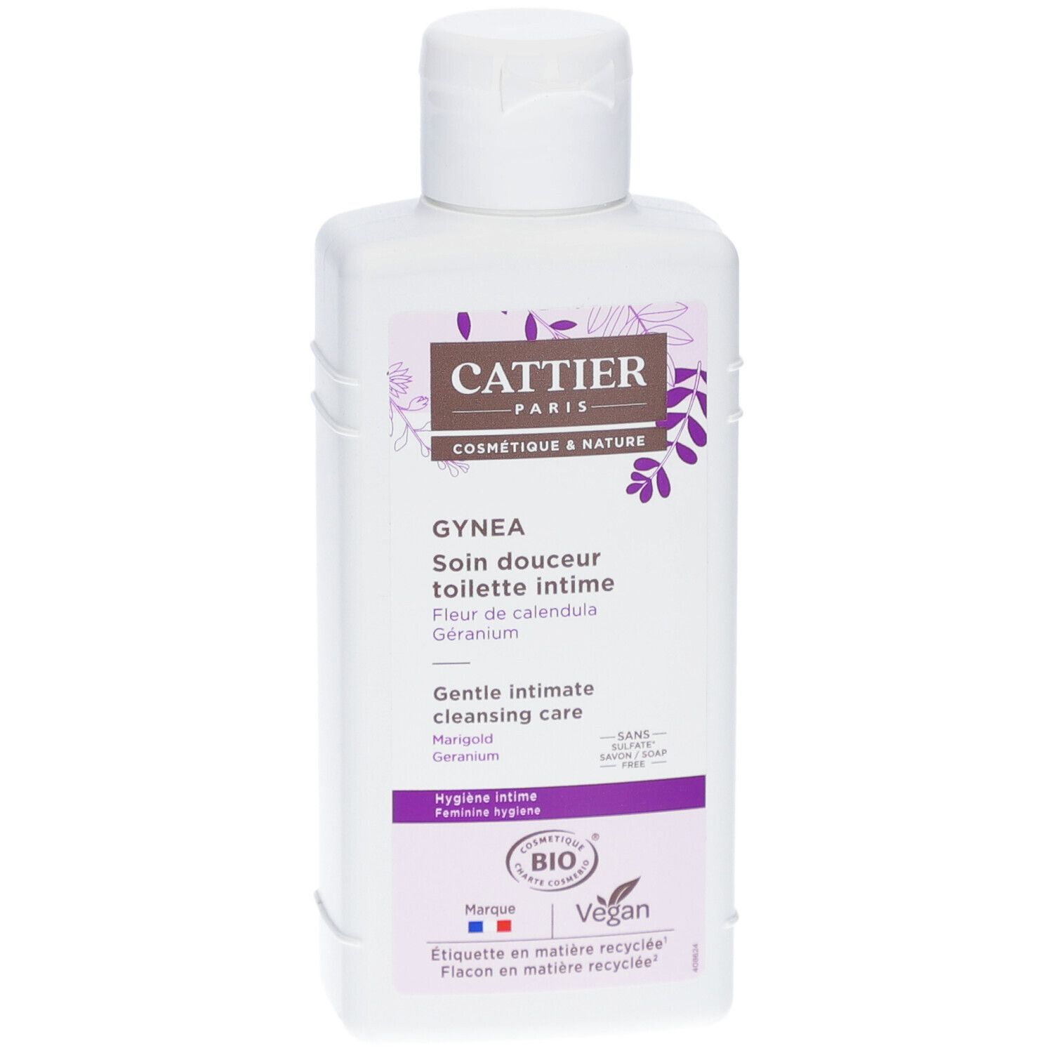 Weißes Fläschchen mit Klappverschluss. Aufschrift: Cattier, Gynéa, Soin douceur toilette intime. Bio, Vegan.