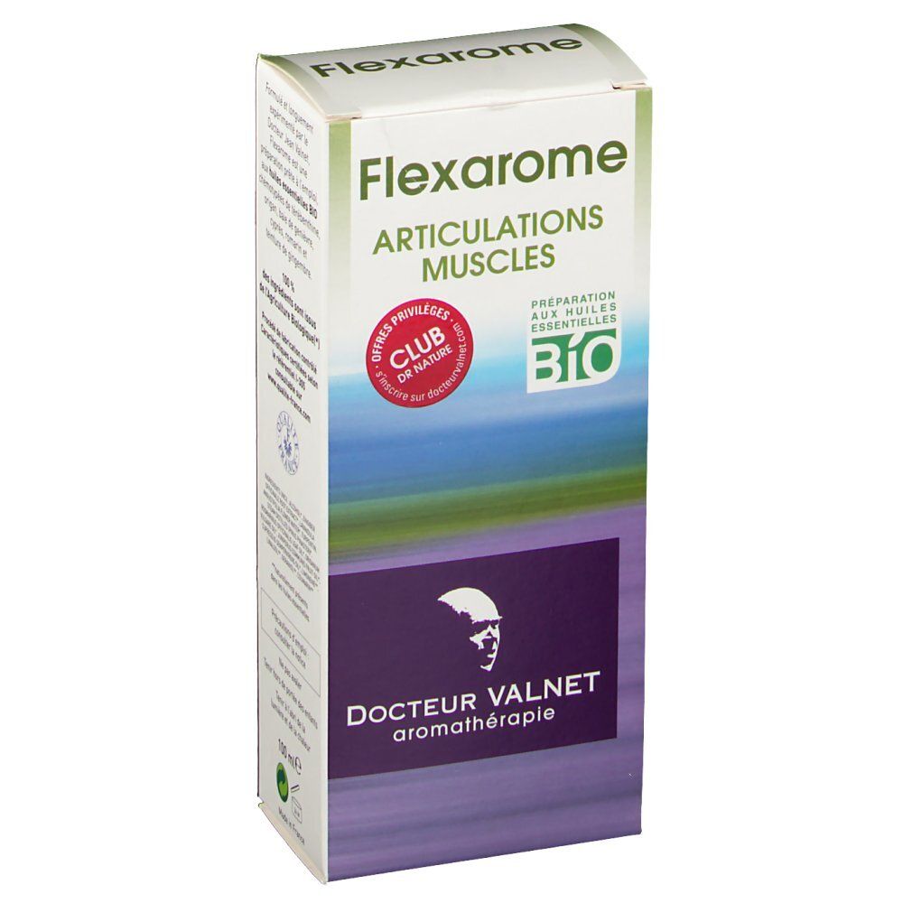 Boîte Flexarome. Inscription: Articulations Muscles, label Bio, logo Docteur Valnet. Couleur: blanc, vert, violet.