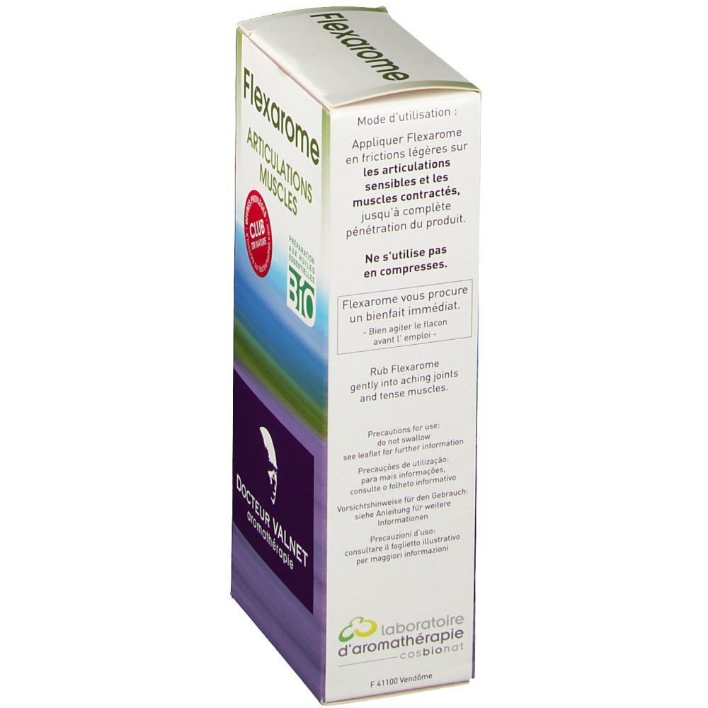 Vue latérale de la boîte Flexarome. Inscriptions: Mode d'emploi, certification Bio, Docteur Valnet, Laboratoire d'aromathérapie.