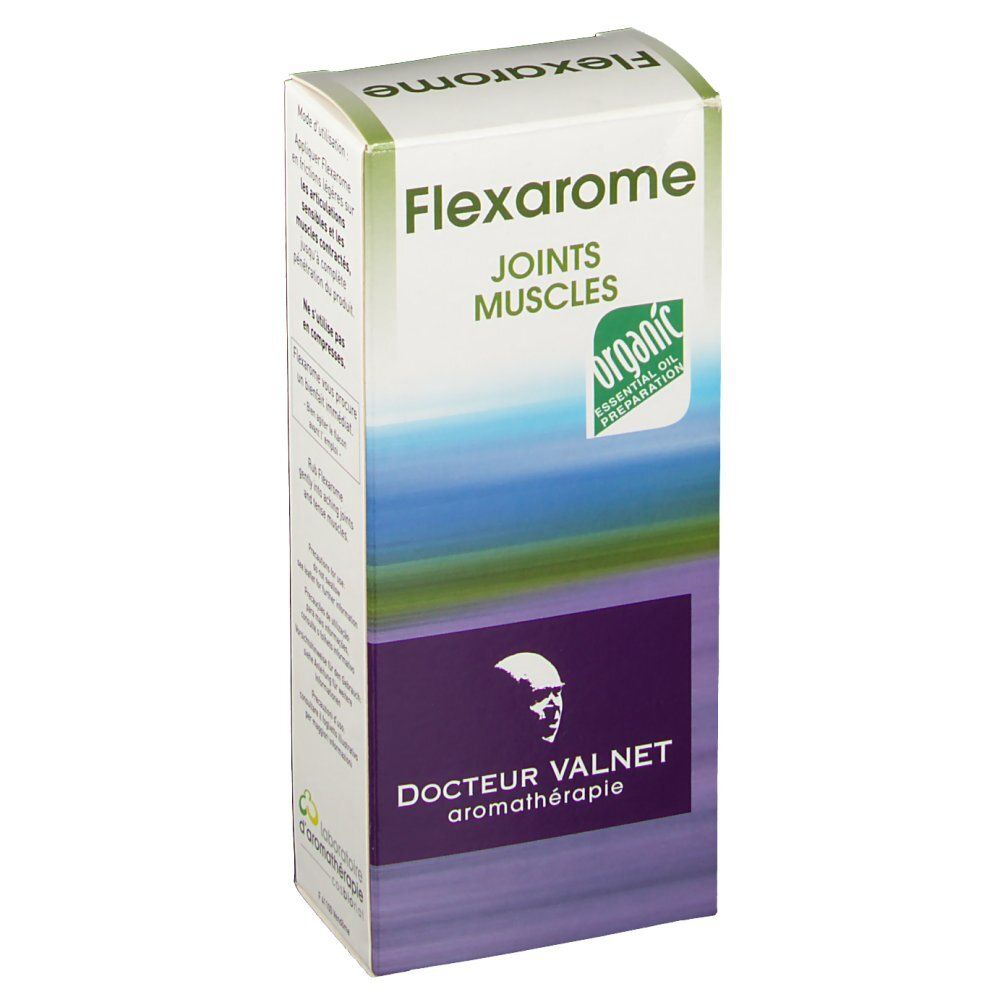 Boîte Flexarome. Inscriptions: Joints Muscles, label Bio, logo Docteur Valnet. Couleurs: blanc, vert, violet.
