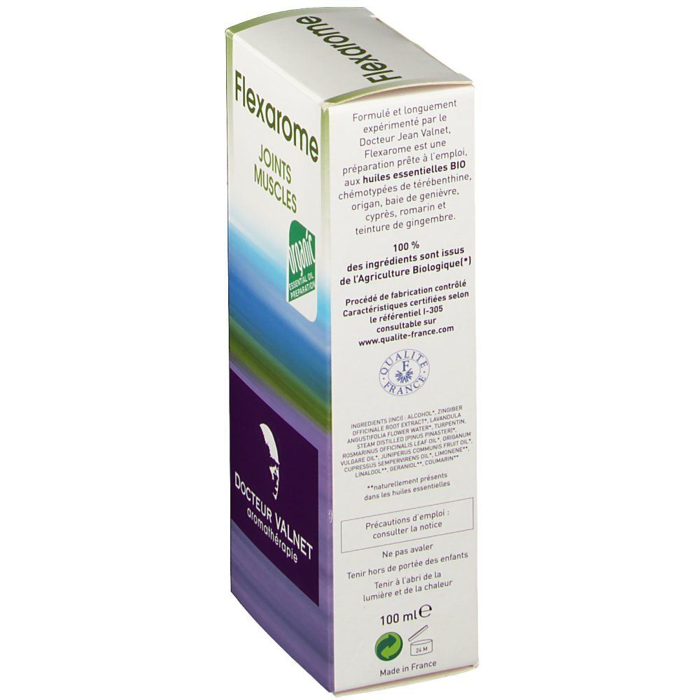 Dos de la boîte Flexarome. Inscriptions: Ingrédients, certification Bio, Docteur Valnet, 100 ml, Qualité France.