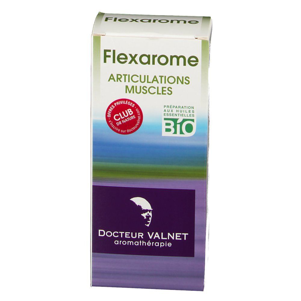 Boîte Flexarome. Inscriptions: Articulations Muscles, label Bio, logo Docteur Valnet. Couleurs: blanc, vert, violet.