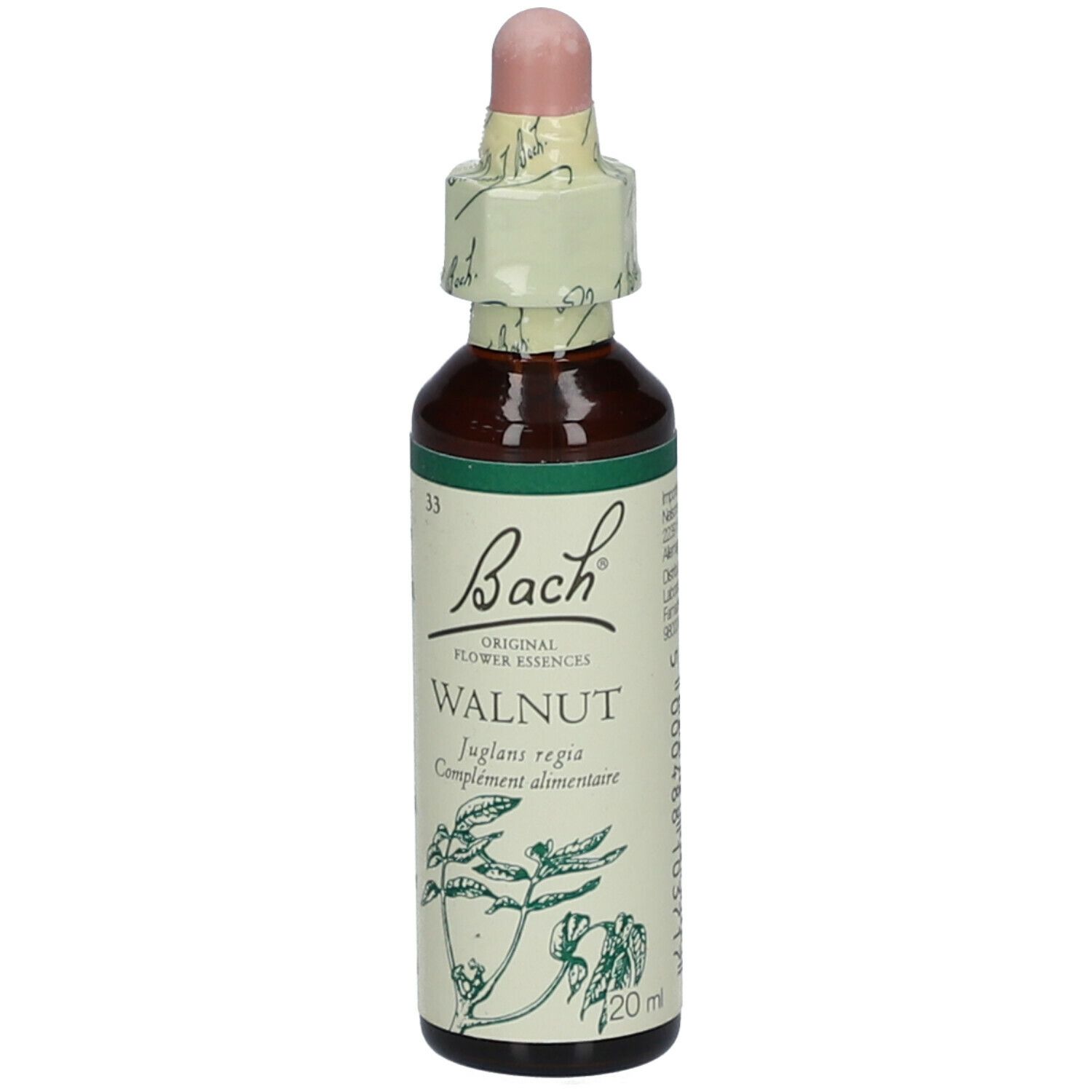 Braune Glasflasche mit Tropfer. Etikett mit 'Bach' und 'Walnut'.
