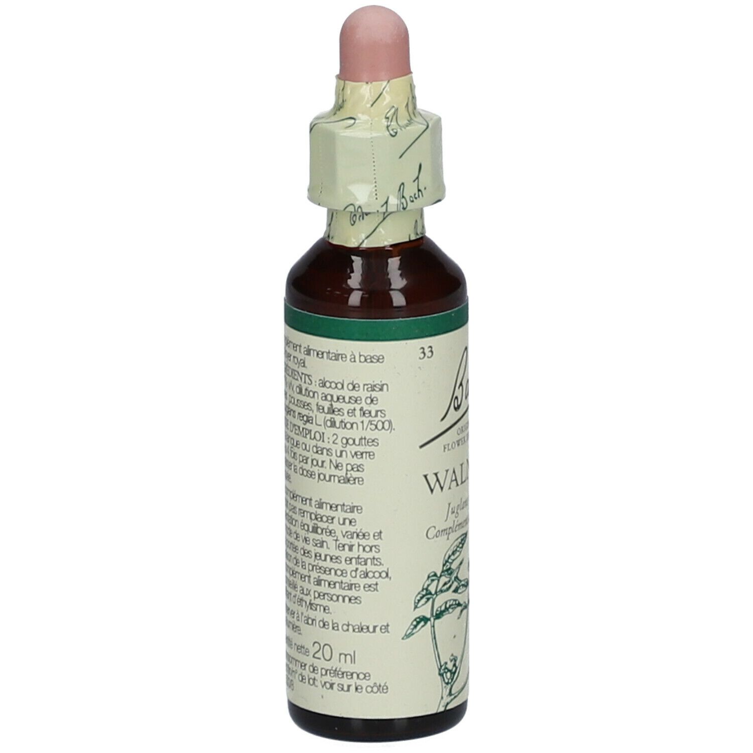 Braune Glasflasche mit Tropfer. Etikett mit Inhaltsstoffen und Anwendung.