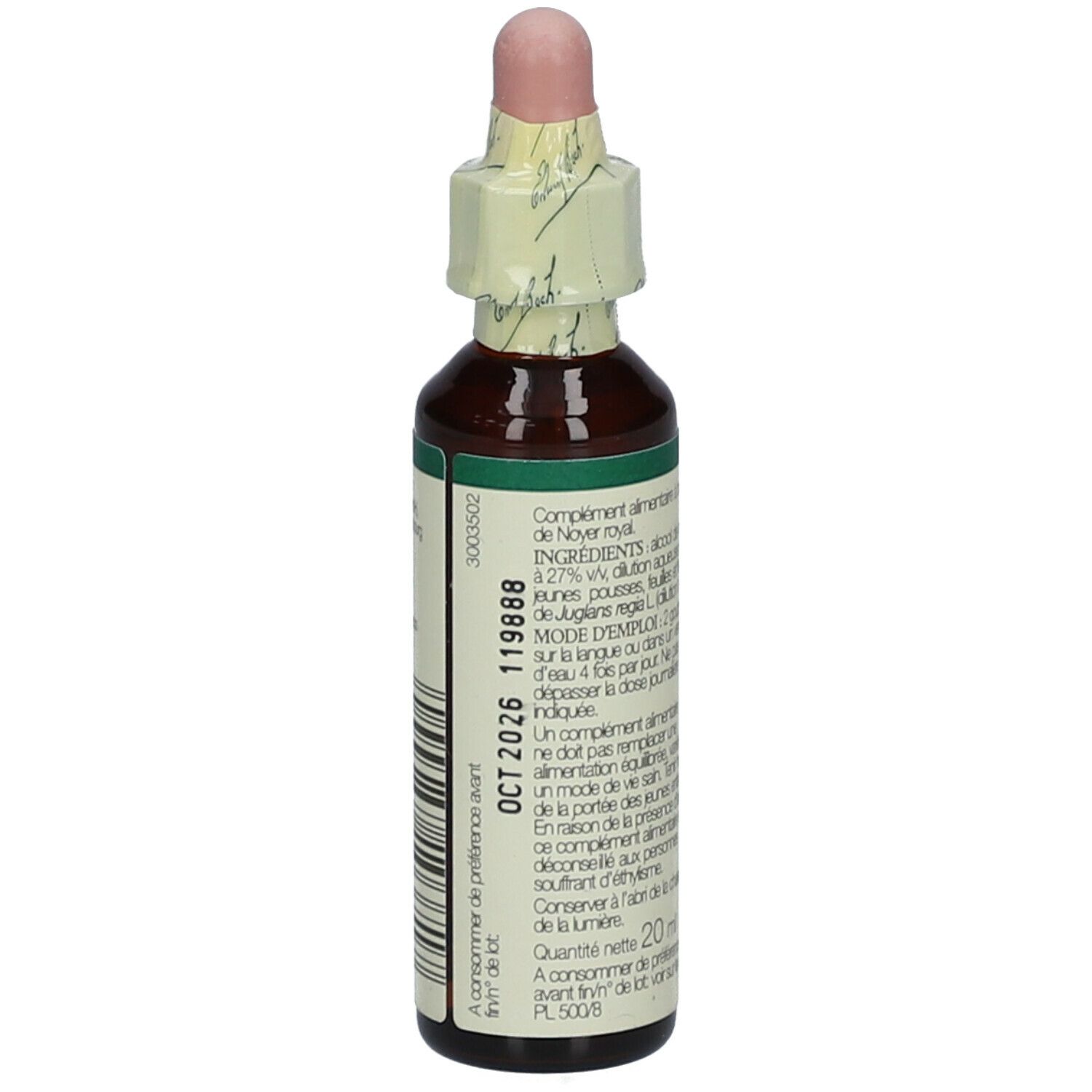 Braune Glasflasche mit Tropfer. Etikett mit Inhaltsstoffen und Anwendung.