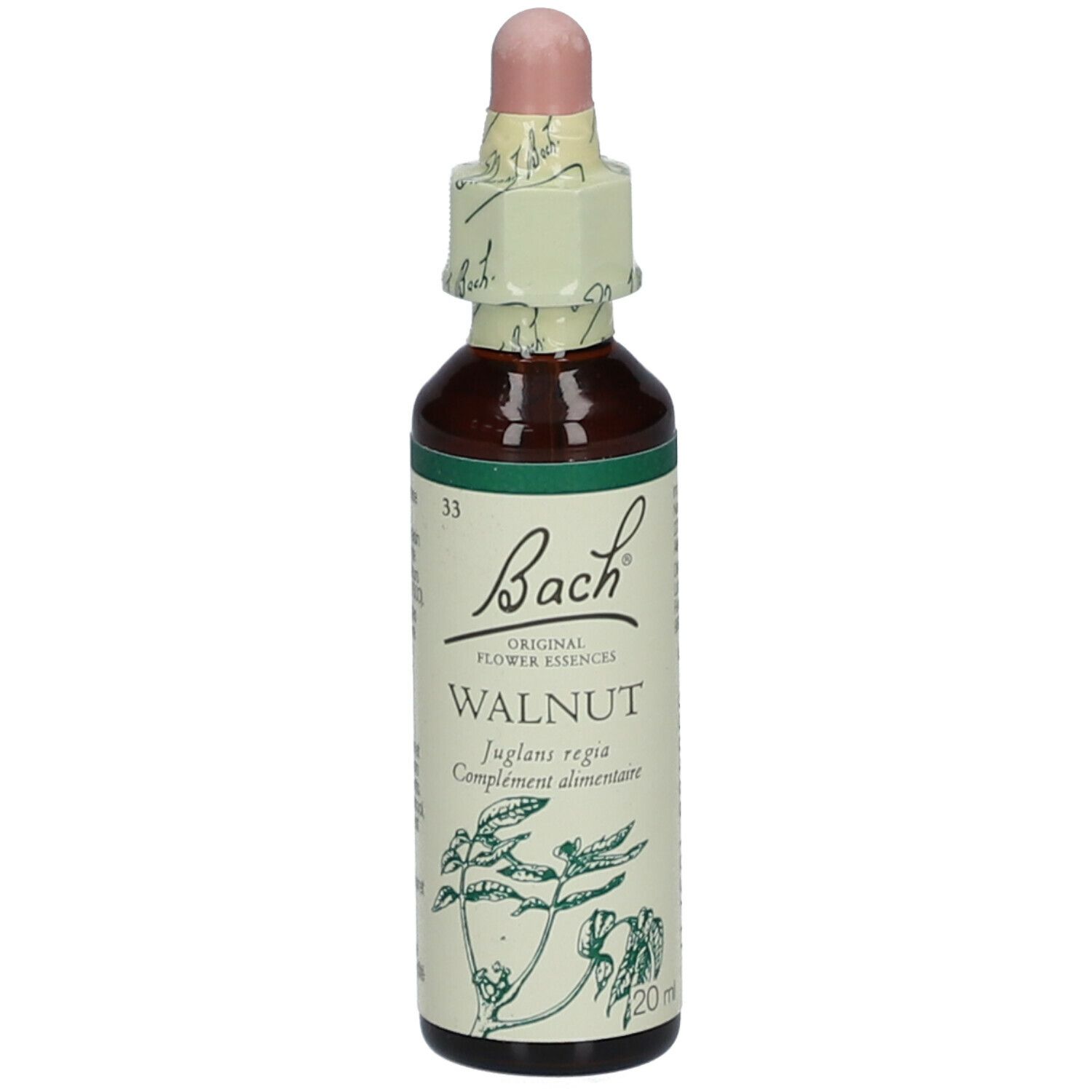 Braune Glasflasche mit Tropfer. Etikett mit 'Bach' und 'Walnut'.